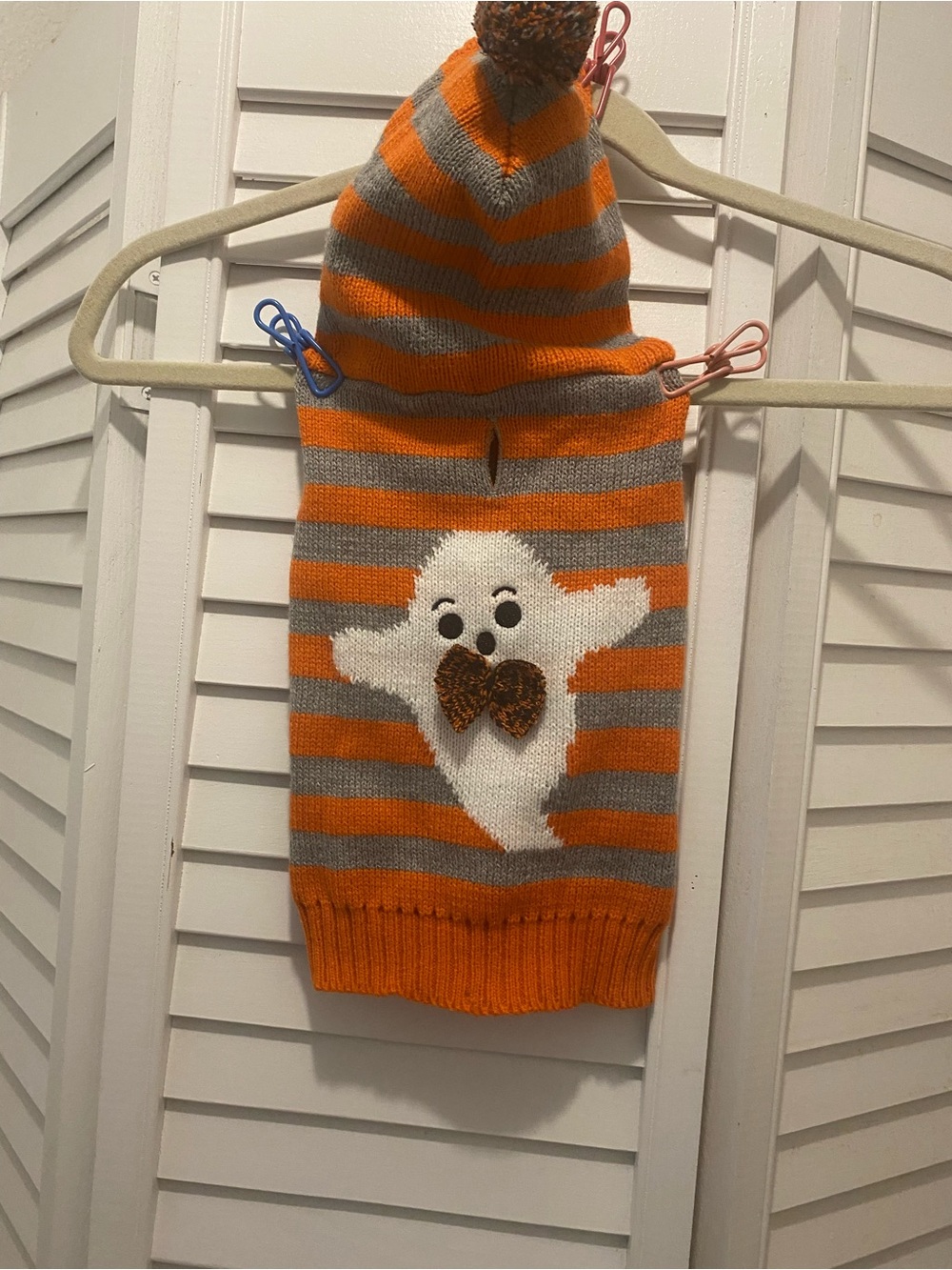 Halloween “Doggy Stripe Sweater/Hoodie w/Ghost” Size M Orange/Gray NWOT